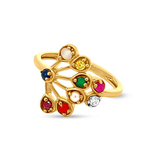 22K Yellow Gold Navratna Peacock Kalangi Designer Ring