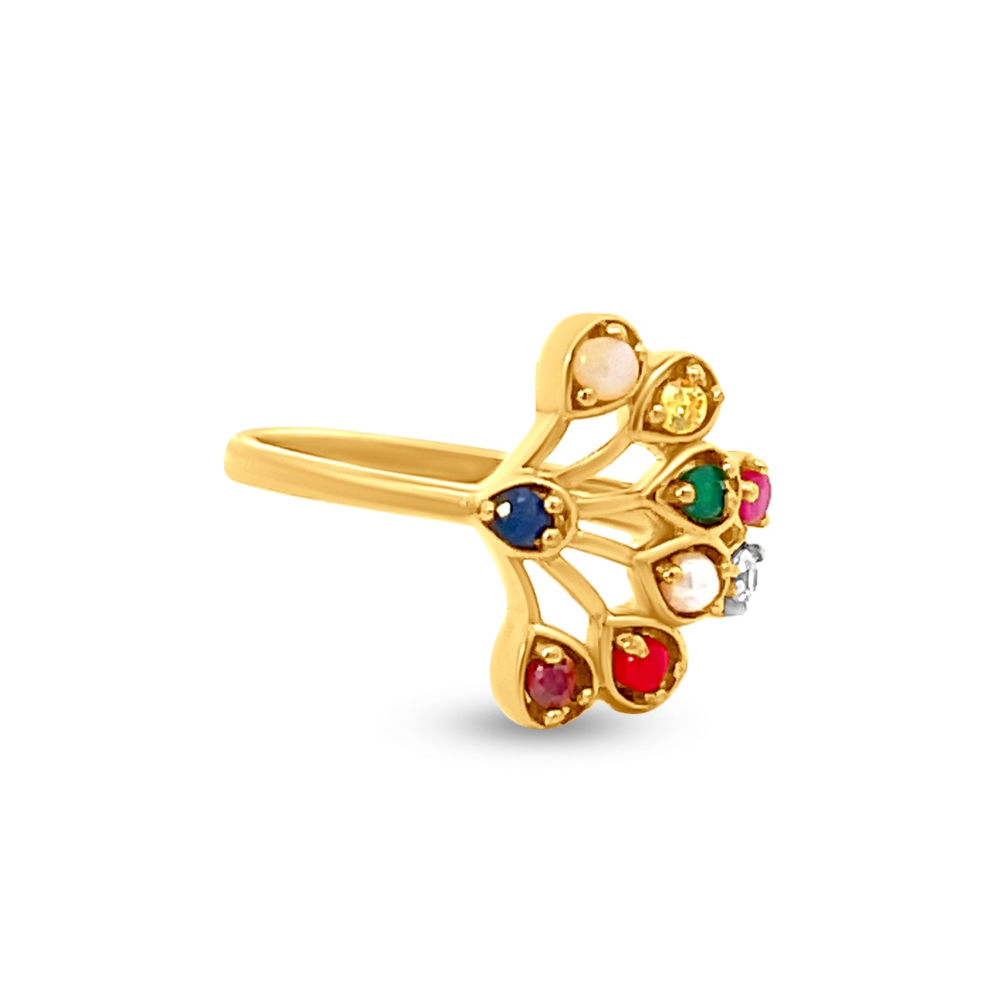 22K Yellow Gold Navratna Peacock Kalangi Designer Ring