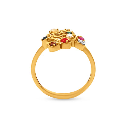 22K Yellow Gold Navratna Peacock Kalangi Designer Ring