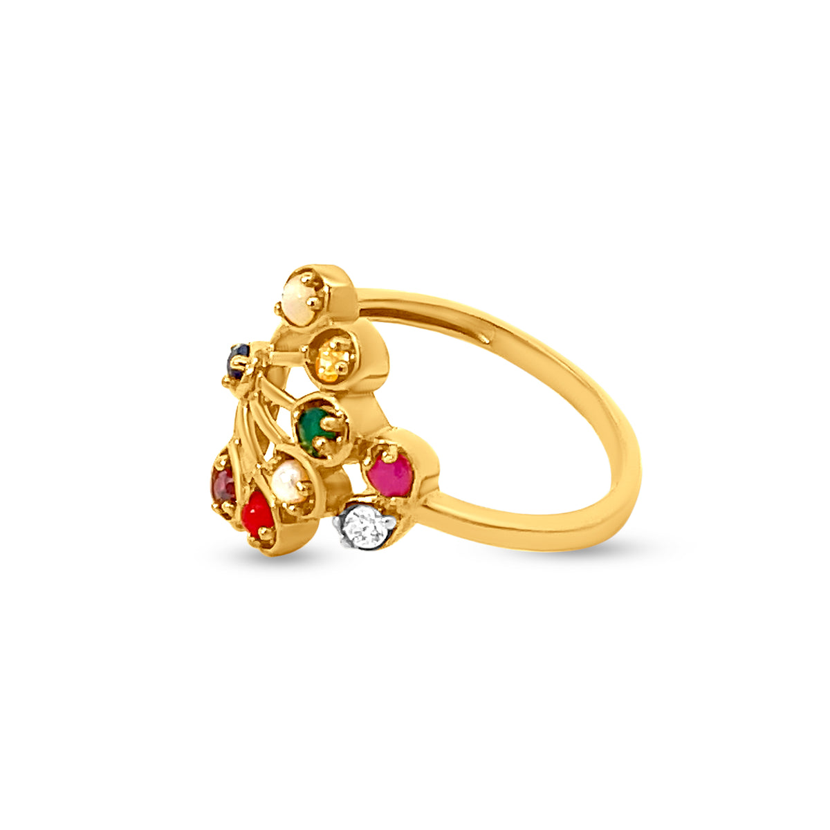 22K Yellow Gold Navratna Peacock Kalangi Designer Ring