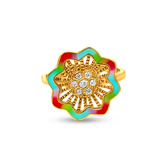 22K Yellow Gold Halo of Color with Cubic Zirconia Opulent Ring