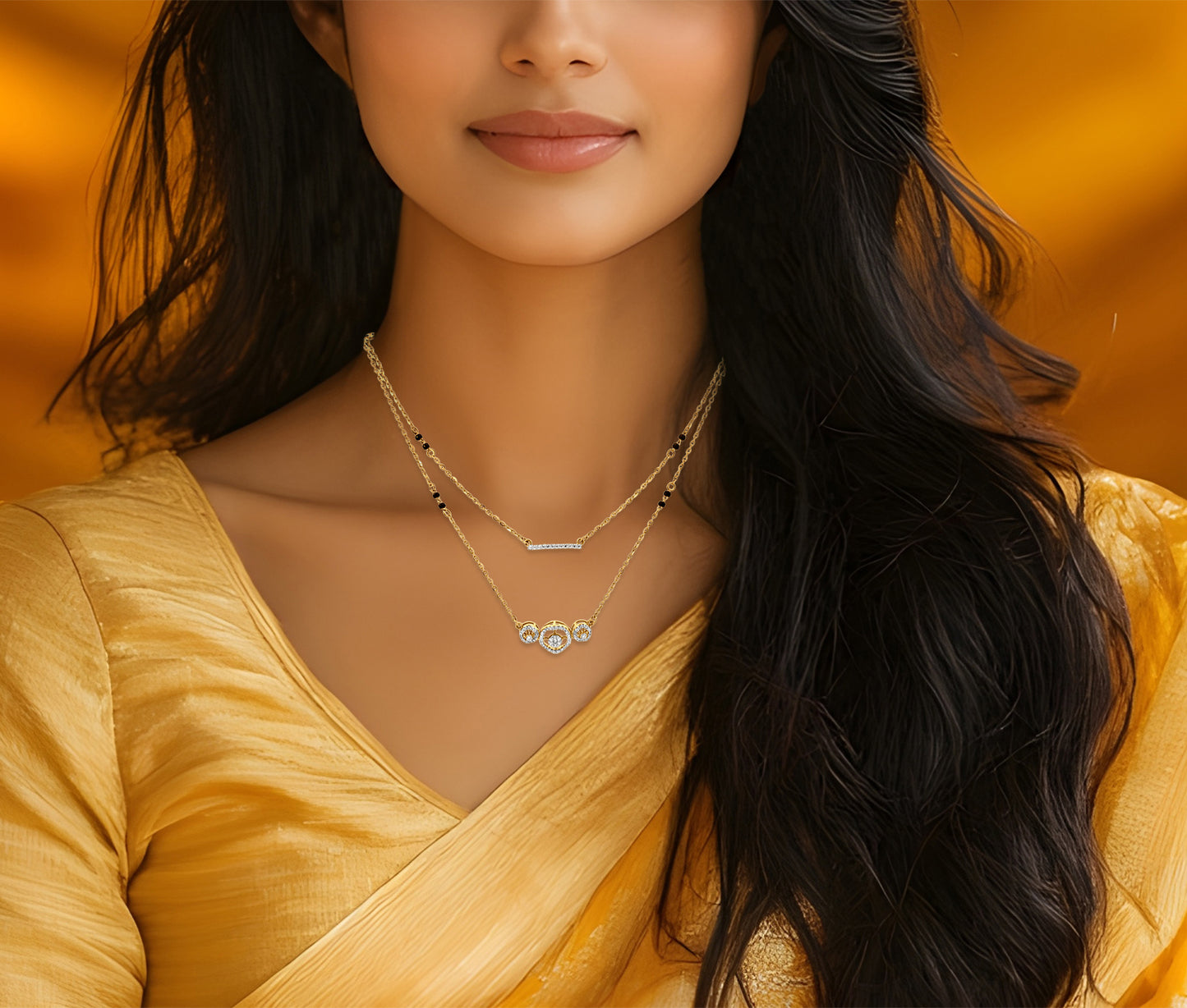 Anvi 18K Yellow Gold Layered Bar and Triple Round Motif Mangalsutra