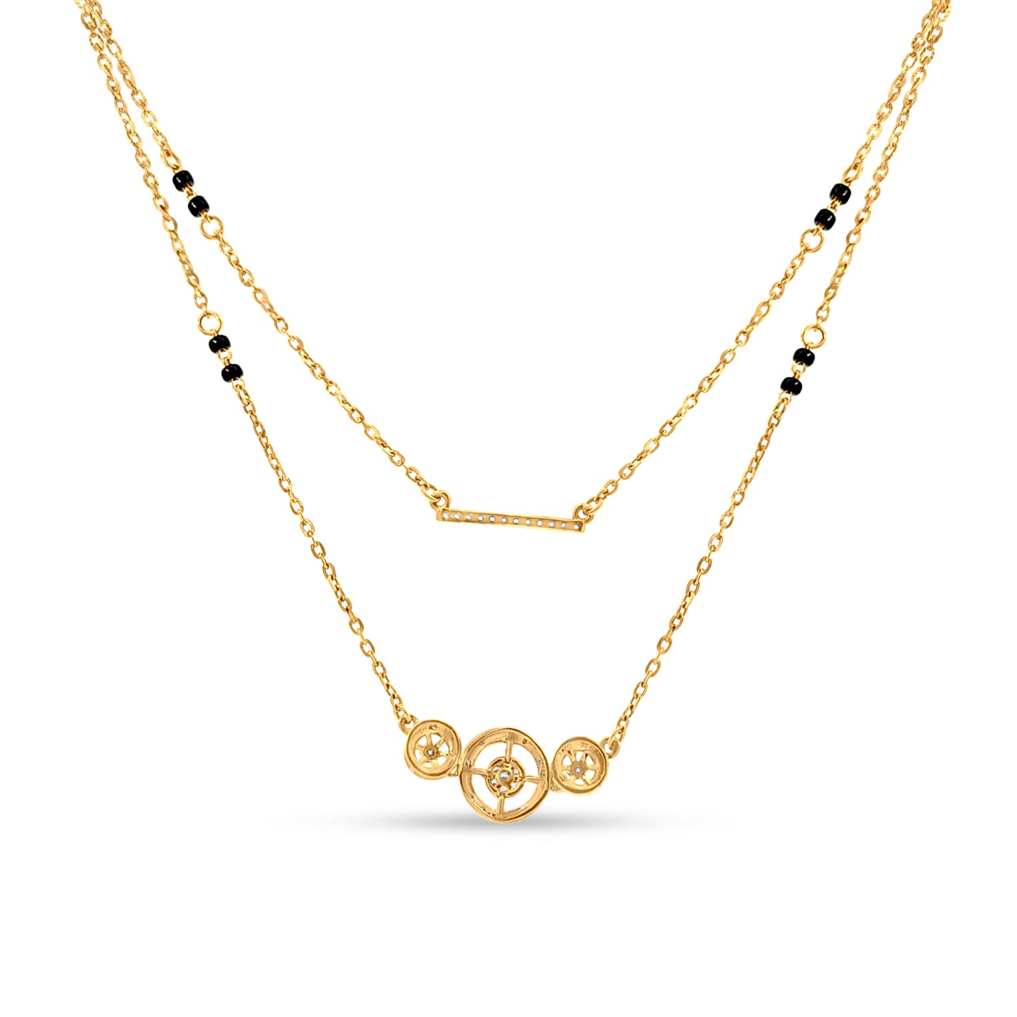 Anvi 18K Yellow Gold Layered Bar and Triple Round Motif Mangalsutra