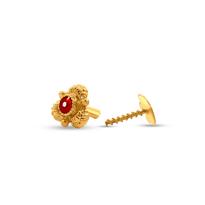 Raktakamala: 22k Yellow Gold Tiny Nose Pin with Red Mina