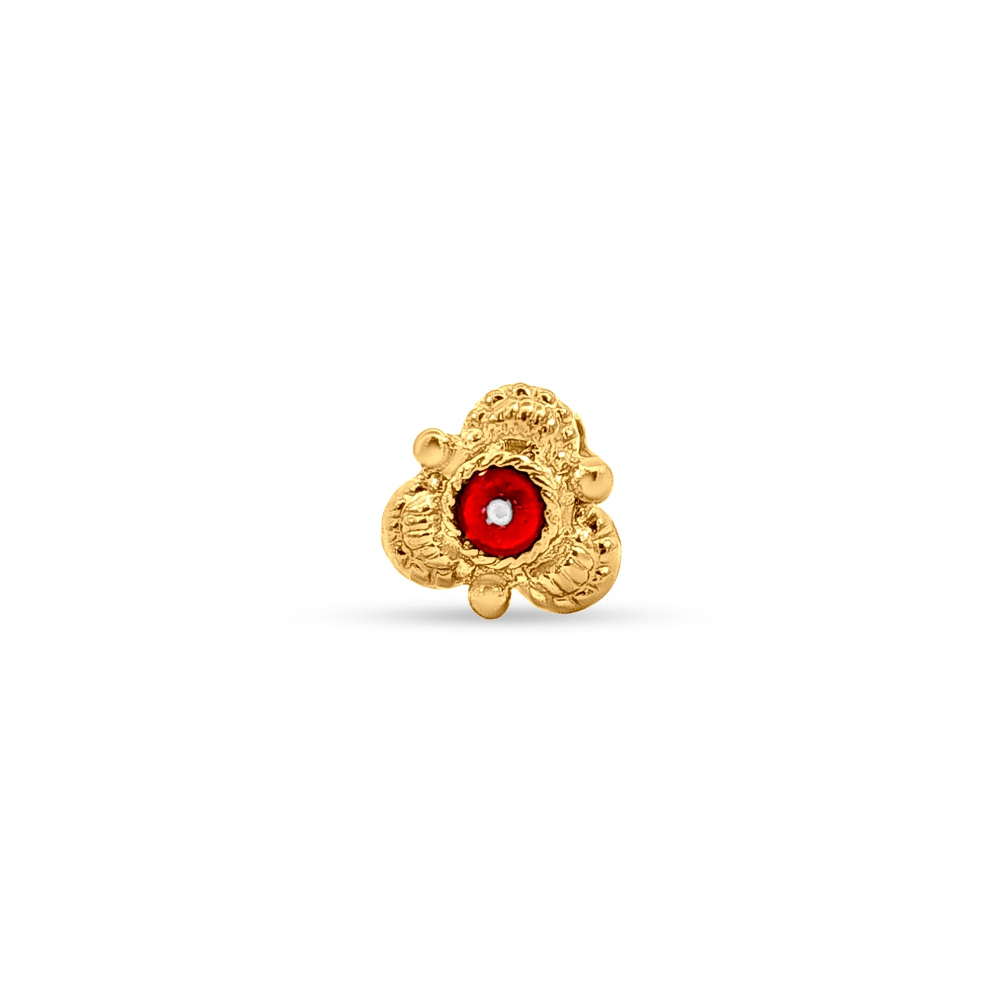 Raktakamala: 22k Yellow Gold Tiny Nose Pin with Red Mina
