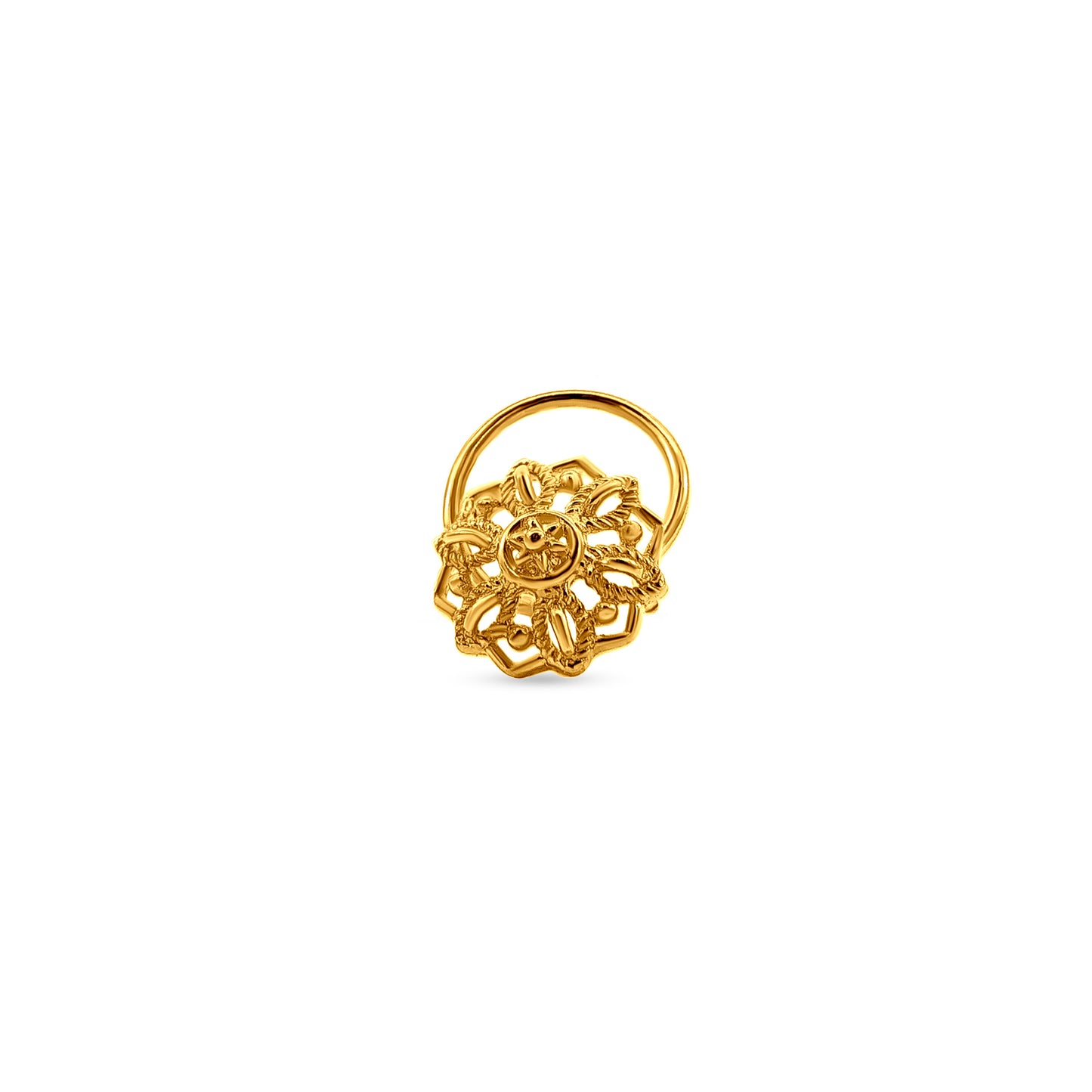 Pushpaakrti: 22k Yellow Gold Wired Intricate Floral Design Nose Pin
