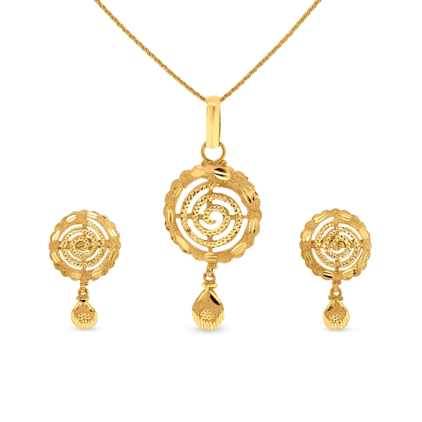 22K Gold Swirl Round Pendant and Earring set
