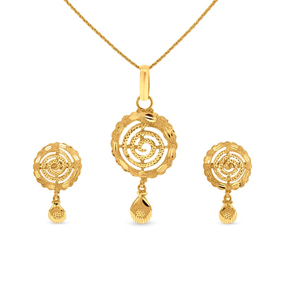 22K Gold Swirl Round Pendant and Earring set