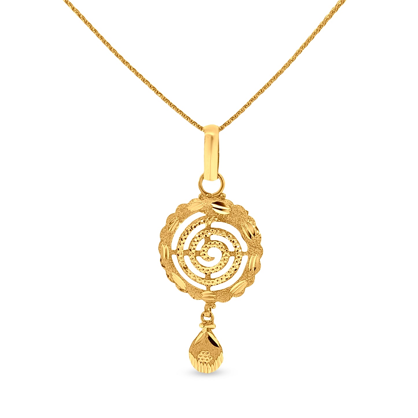 Svarna Kamala: 22K Yellow Gold Swirl Round Pendant and Earring set