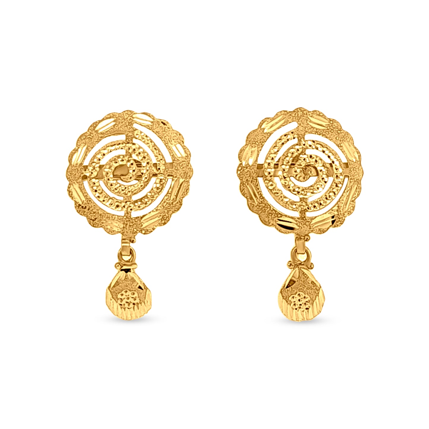 Svarna Kamala: 22K Yellow Gold Swirl Round Pendant and Earring set