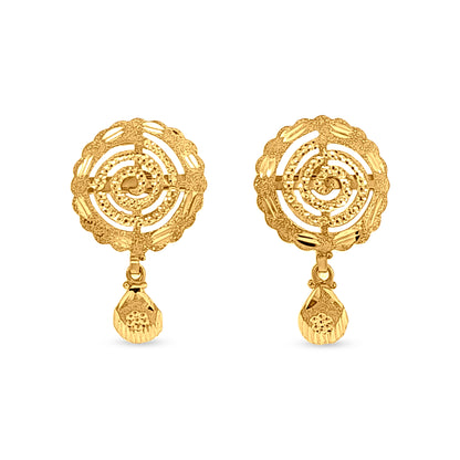 Svarna Kamala: 22K Yellow Gold Swirl Round Pendant and Earring set