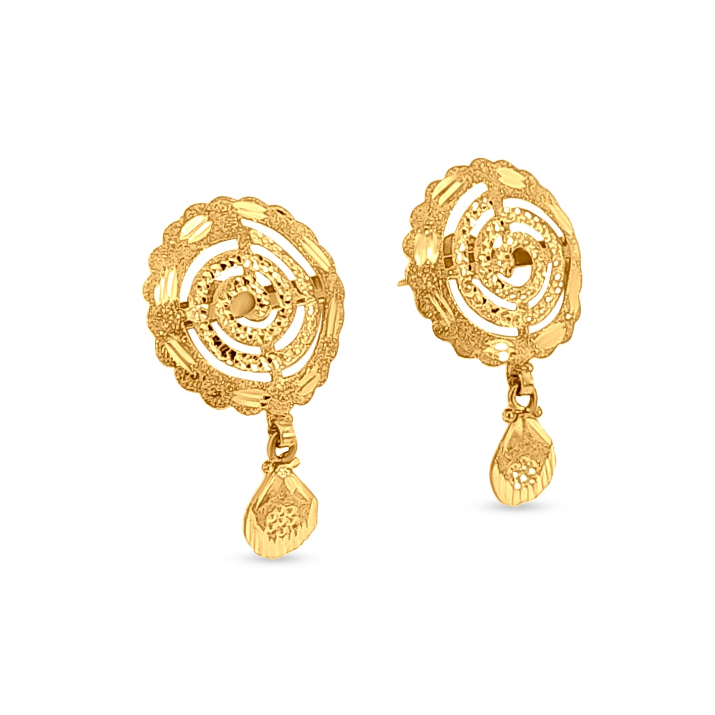 Svarna Kamala: 22K Yellow Gold Swirl Round Pendant and Earring set
