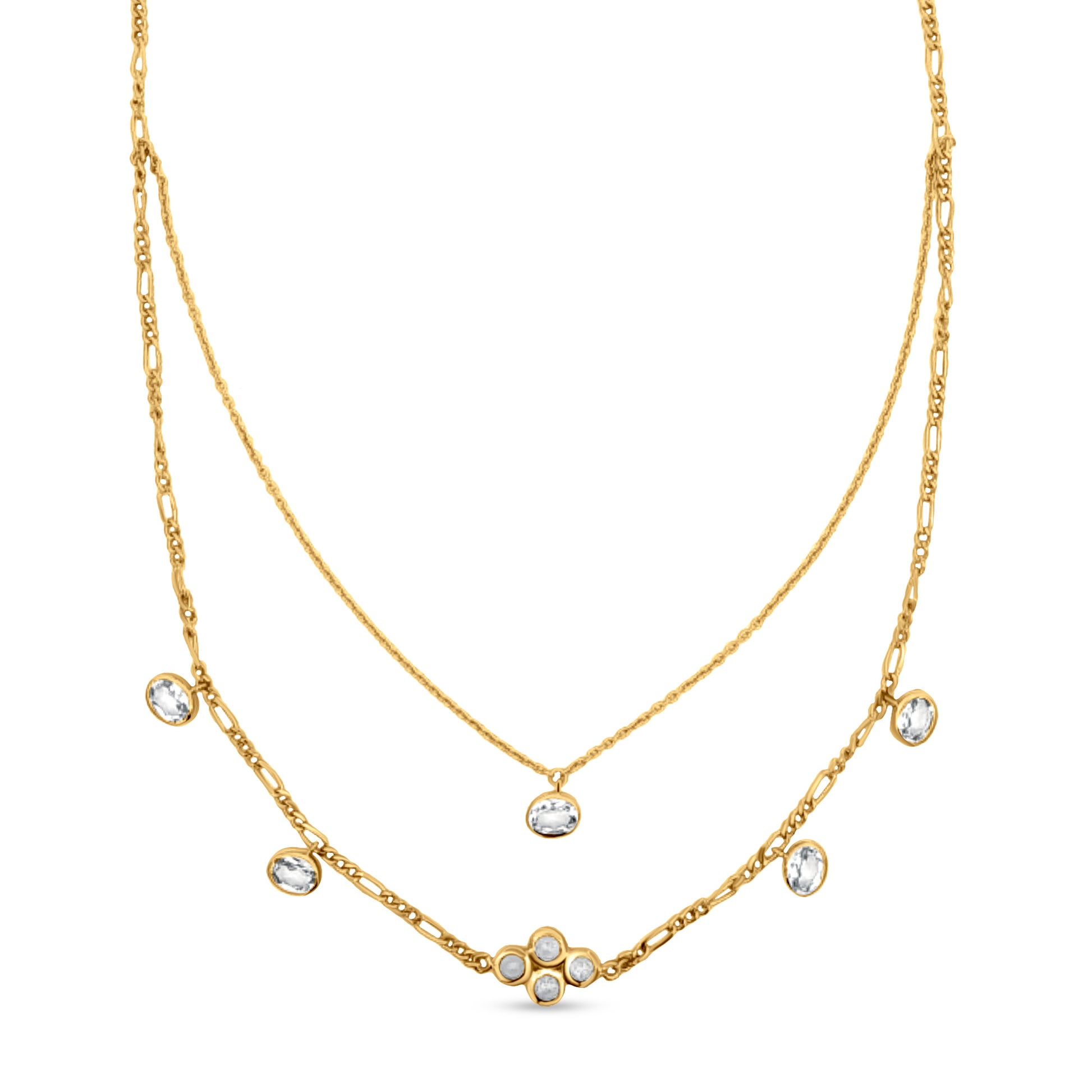 Sterling Silver Double Strand Chain with Crystal Bezel Beads