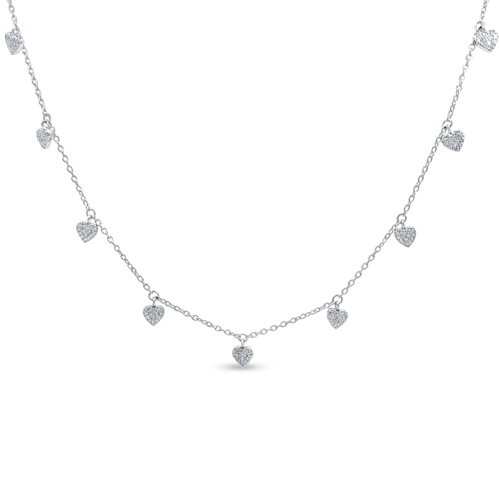 Sterling Silver Station Necklace with Dangling Heart Charms