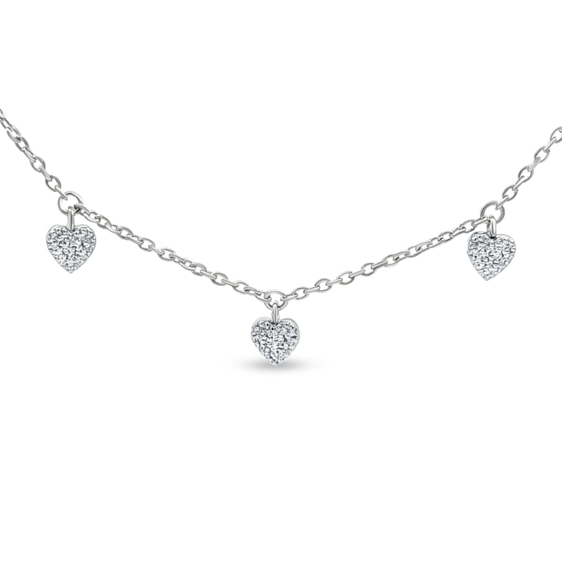 Sterling Silver Station Necklace with Dangling Heart Charms
