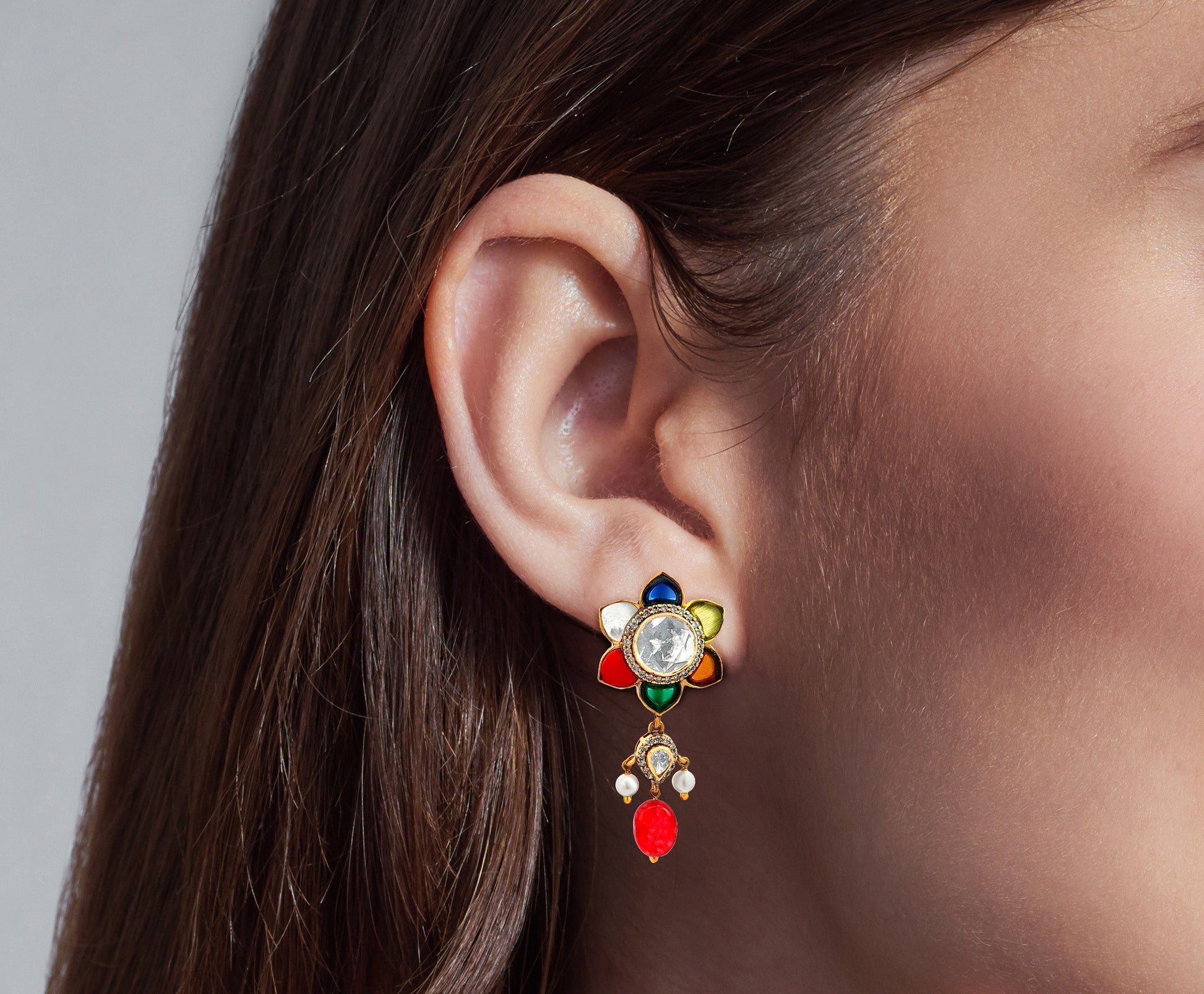 925 Silver Kundan Earrings with Colorful Stones