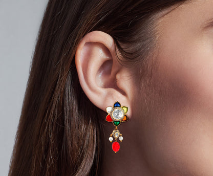 925 Silver Kundan Earrings with Colorful Stones
