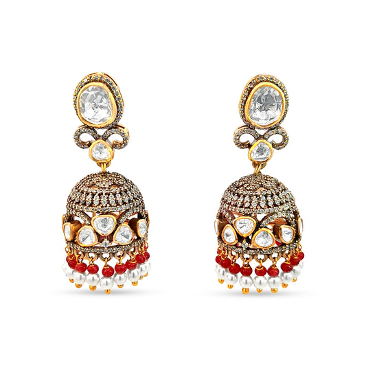 Gorgeous 925 Silver Kundan Jhumkas with Delicate Pearl Hangings