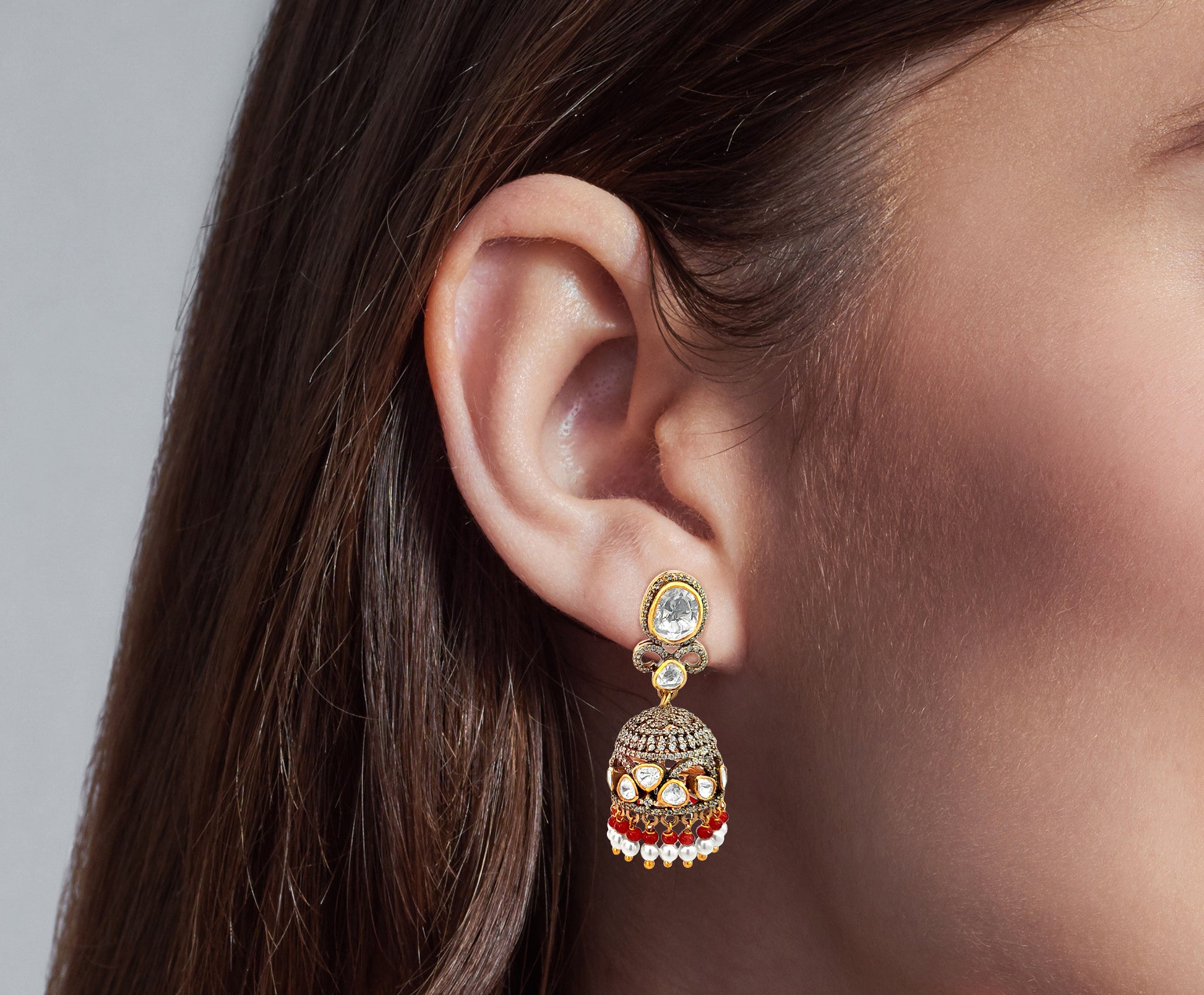 Gorgeous 925 Silver Kundan Jhumkas with Delicate Pearl Hangings