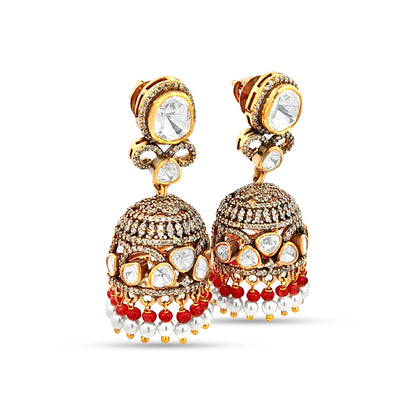 Gorgeous 925 Silver Kundan Jhumkas with Delicate Pearl Hangings