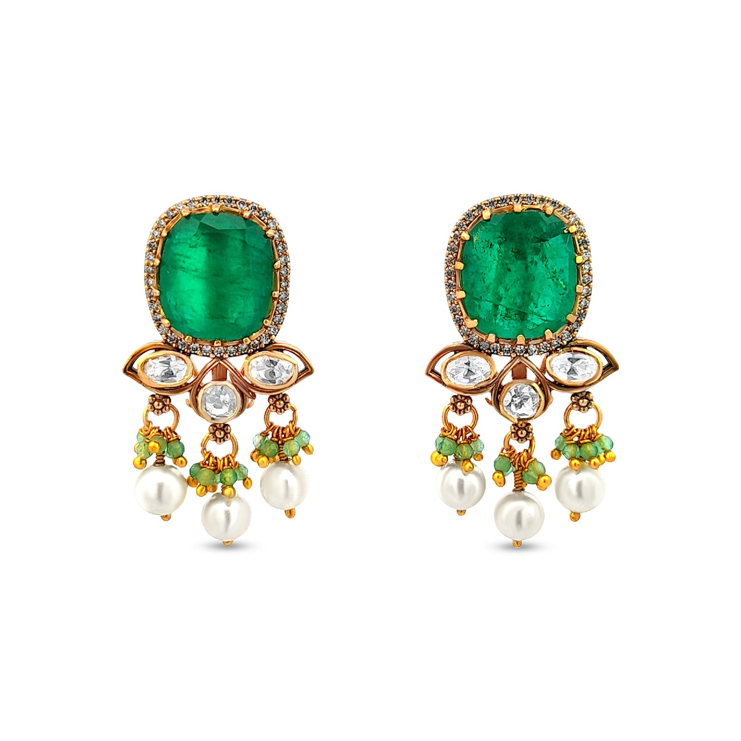 Meenakshi's 925 Silver Earrings with Oval Green Stone and Pearl Trinkets