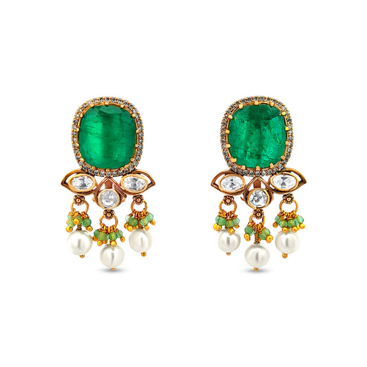 925 Silver Earrings with Oval Green Stone and Pearl Trinkets