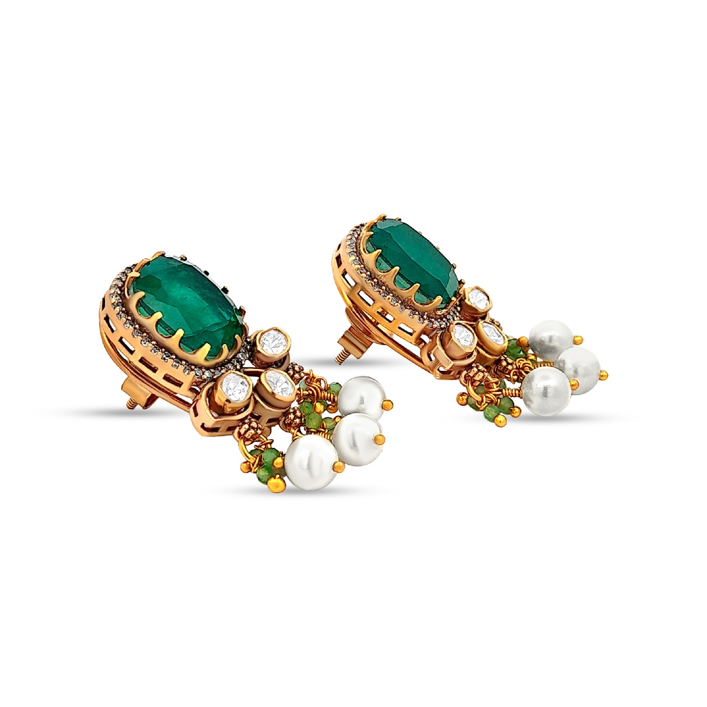 Meenakshi's 925 Silver Earrings with Oval Green Stone and Pearl Trinkets