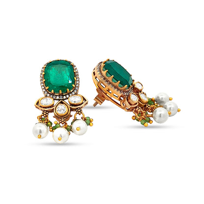Meenakshi's 925 Silver Earrings with Oval Green Stone and Pearl Trinkets