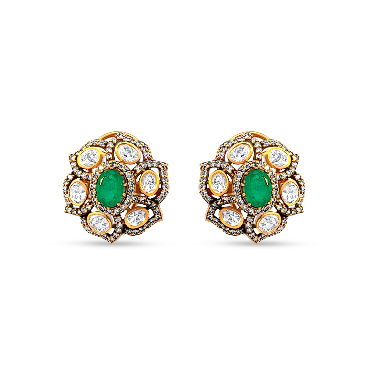 Tanvika's Rajputi Style 925 Silver Kundan Earrings with Green Stone