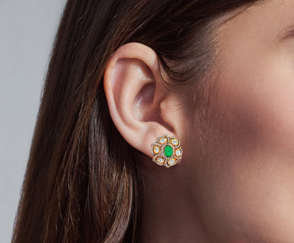 925 Silver Kundan Earrings with Green Stone