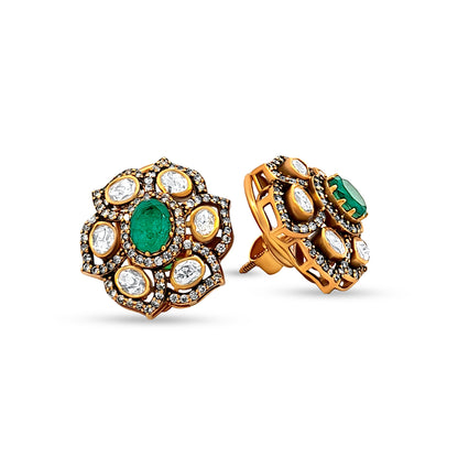 Tanvika's Rajputi Style 925 Silver Kundan Earrings with Green Stone