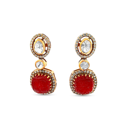 Bold Drop 925 Silver Kundan Earrings with Carved Semi-Precious Red Stone
