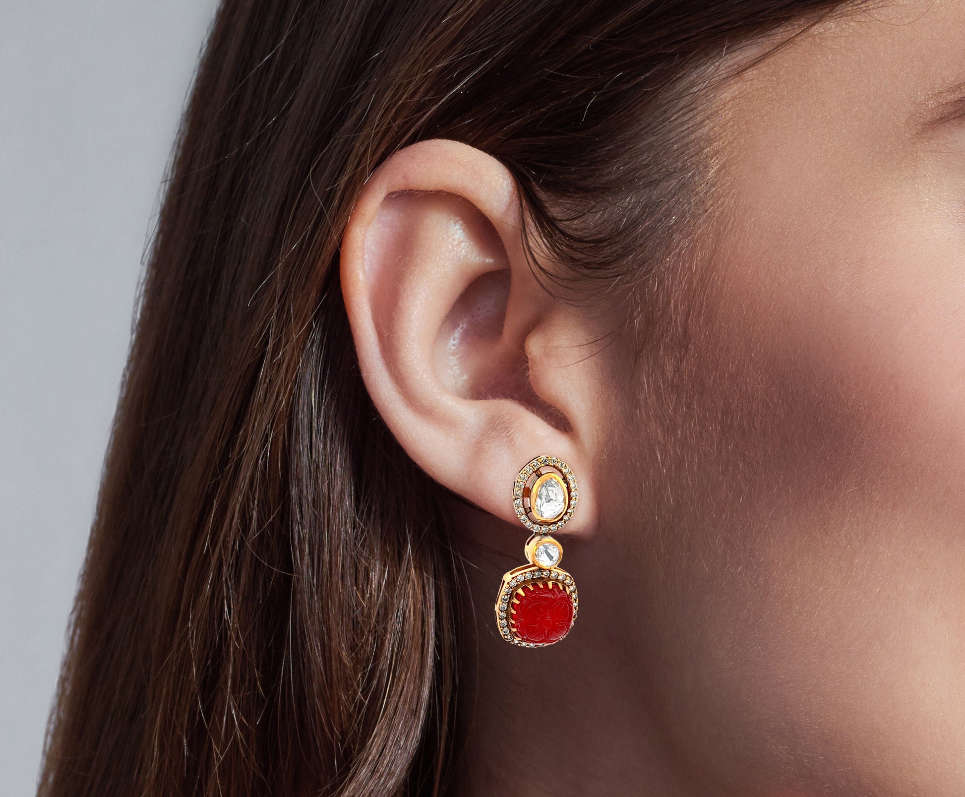 Bold Drop 925 Silver Kundan Earrings with Carved Semi-Precious Red Stone