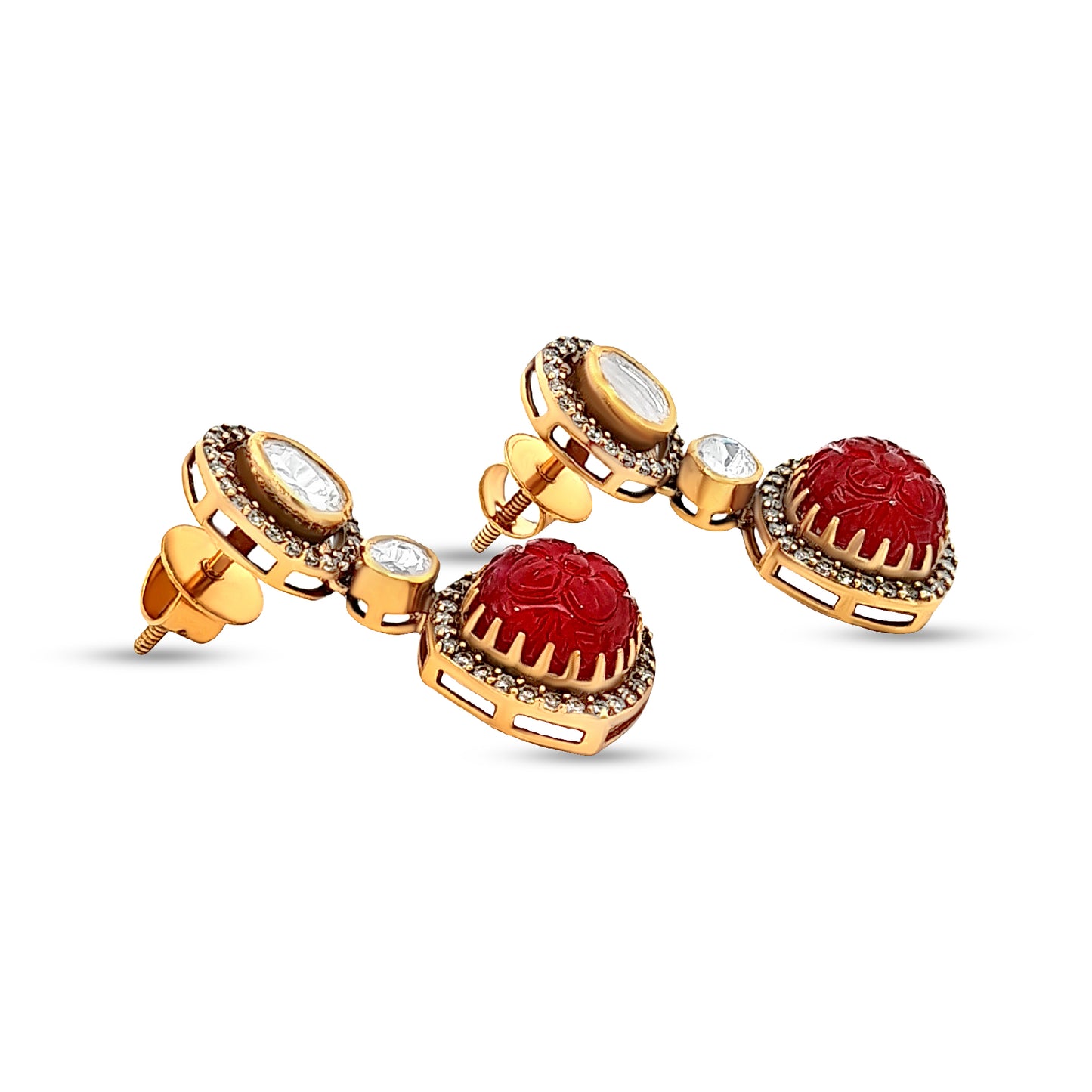 Bold Drop 925 Silver Kundan Earrings with Carved Semi-Precious Red Stone