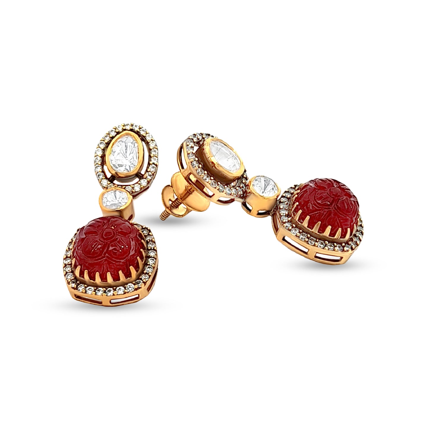 Bold Drop 925 Silver Kundan Earrings with Carved Semi-Precious Red Stone