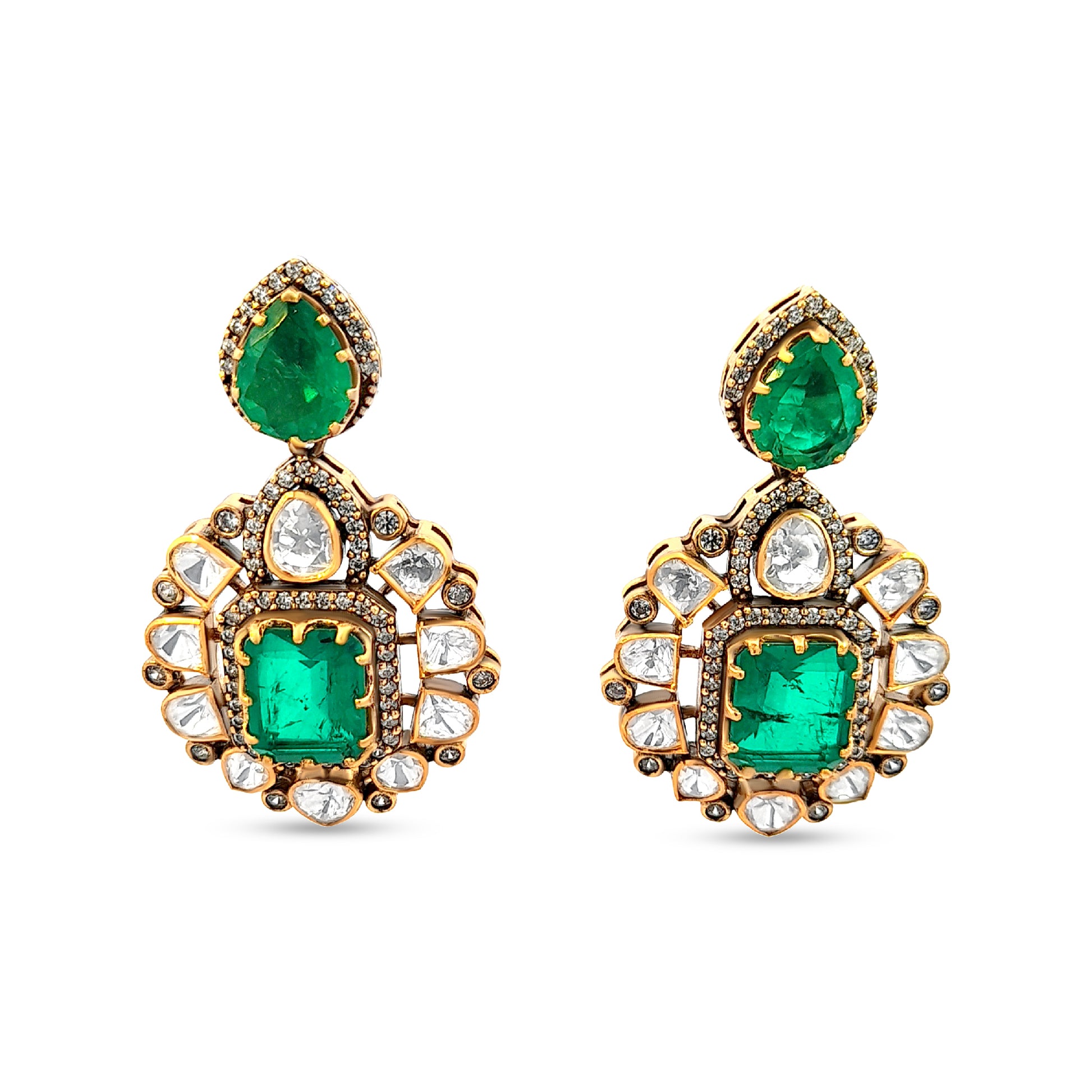 Royal Style Heavy 925 Silver Kundan Earrings with Green Stone