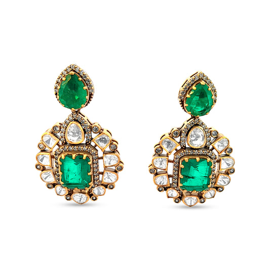 Royal Style Heavy 925 Silver Kundan Earrings with Green Stone