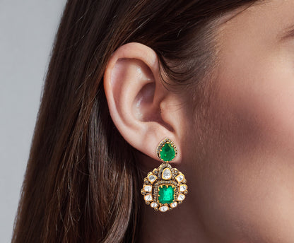 Royal Style Heavy 925 Silver Kundan Earrings with Green Stone