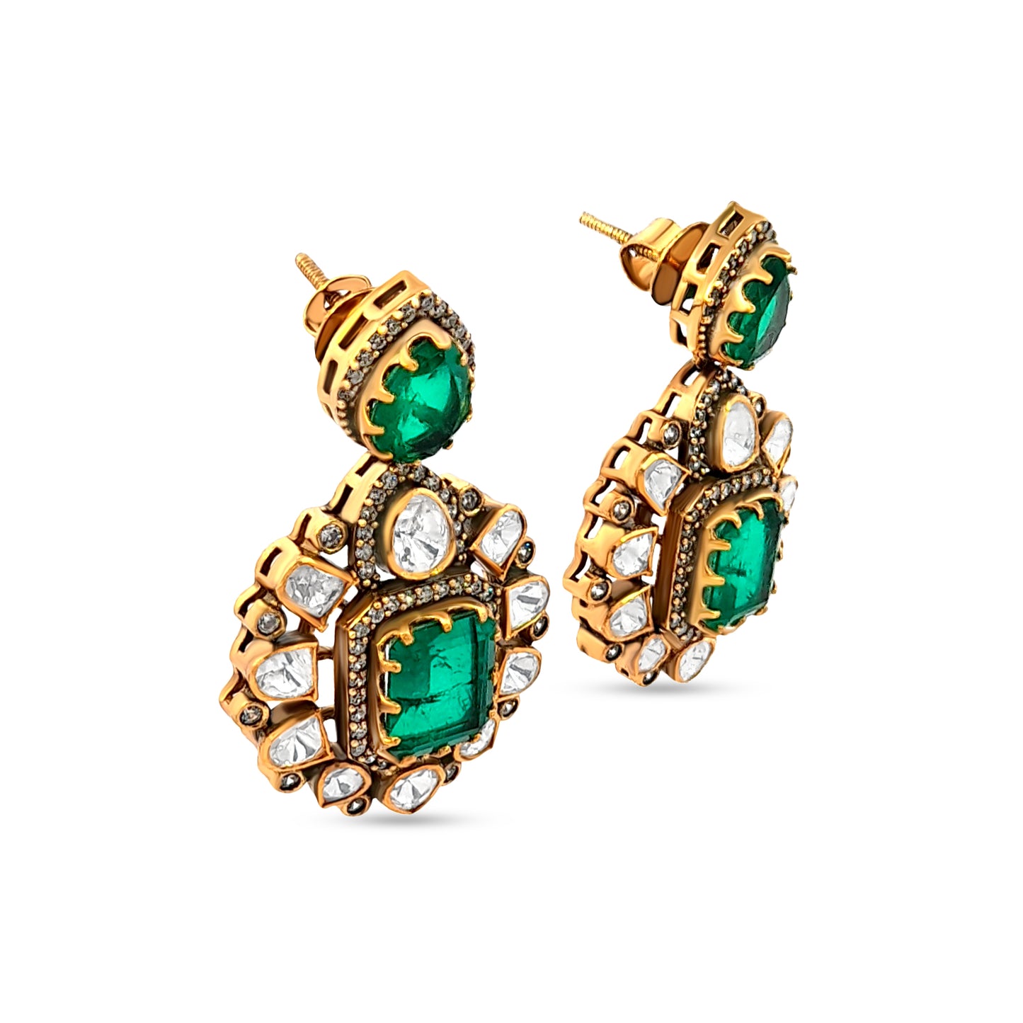 Royal Style Heavy 925 Silver Kundan Earrings with Green Stone