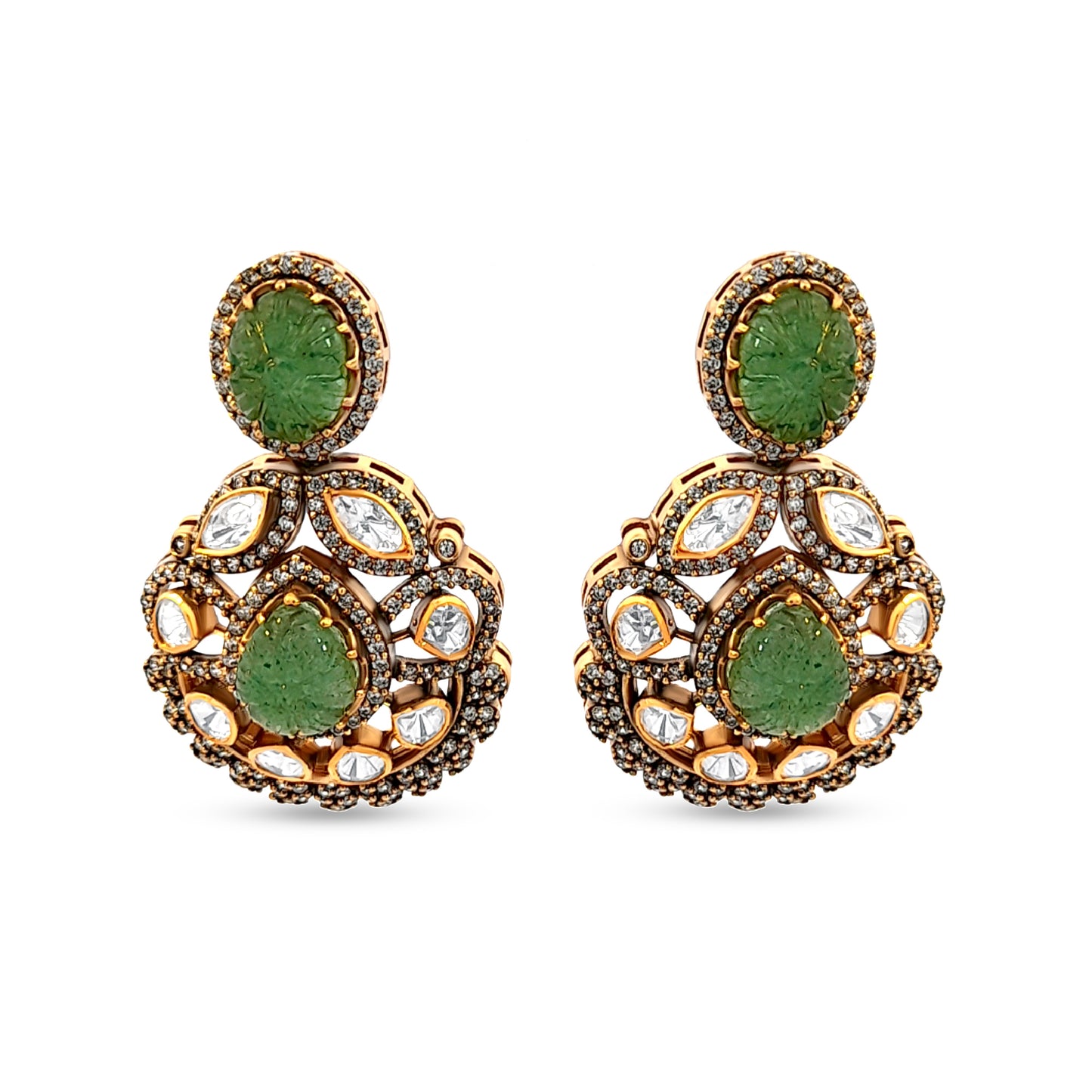 Sharvani's 925 Silver Kundan Earrings with Carved Green Stone