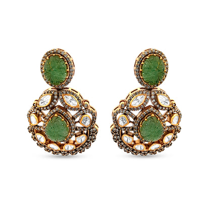 Sharvani's 925 Silver Kundan Earrings with Carved Green Stone