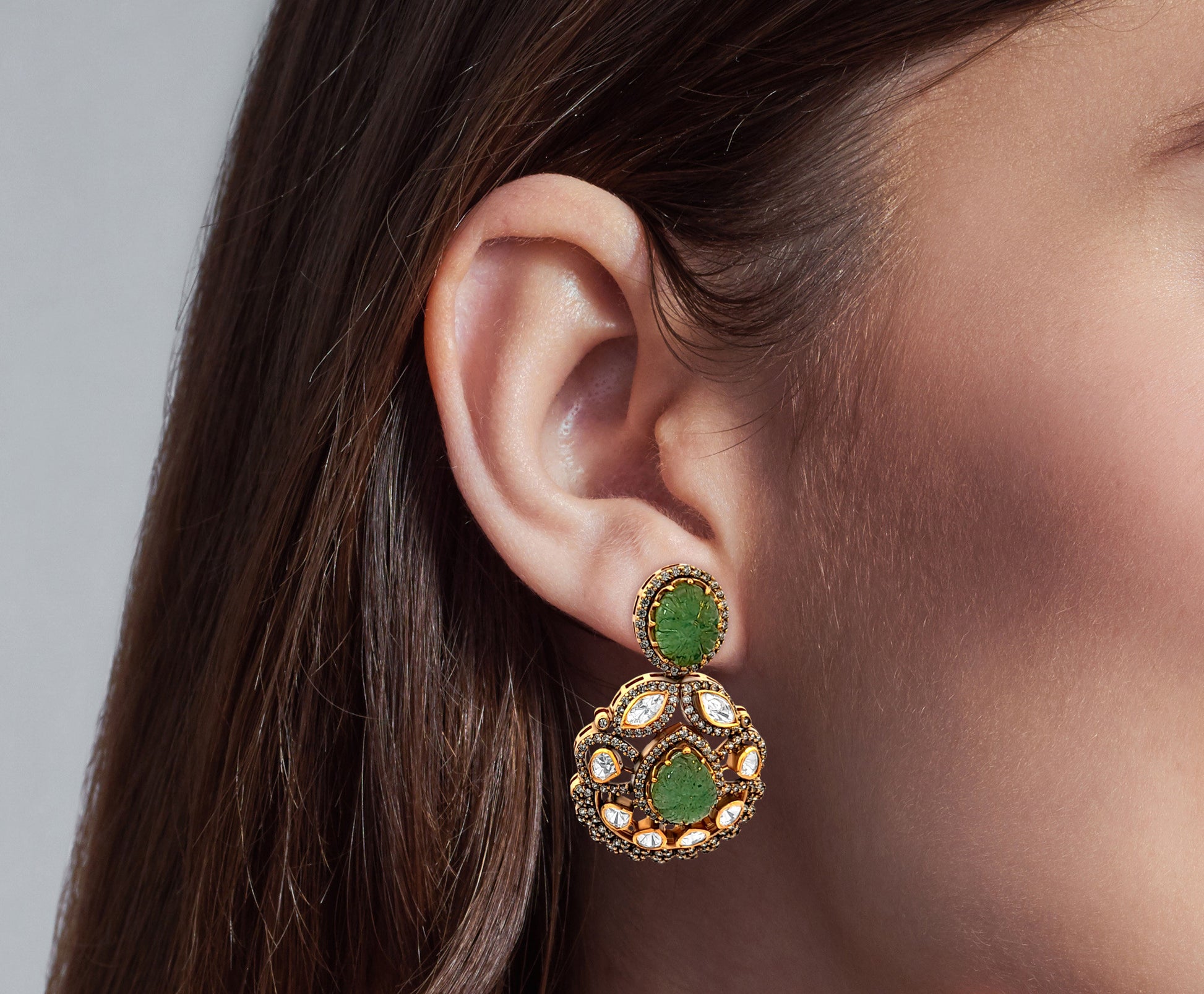 925 Silver Kundan Earrings with Carved Green Stone