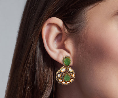 925 Silver Kundan Earrings with Carved Green Stone