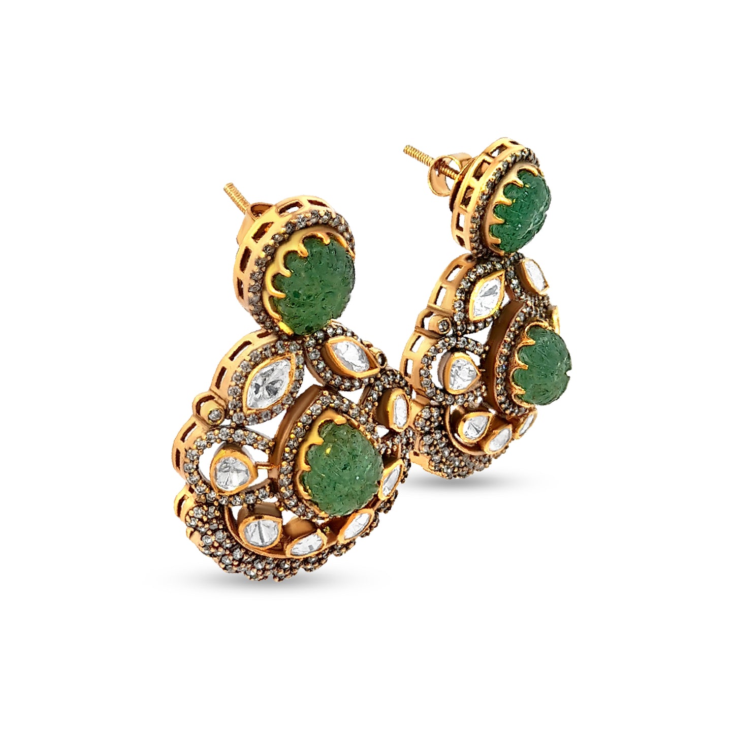 Sharvani's 925 Silver Kundan Earrings with Carved Green Stone