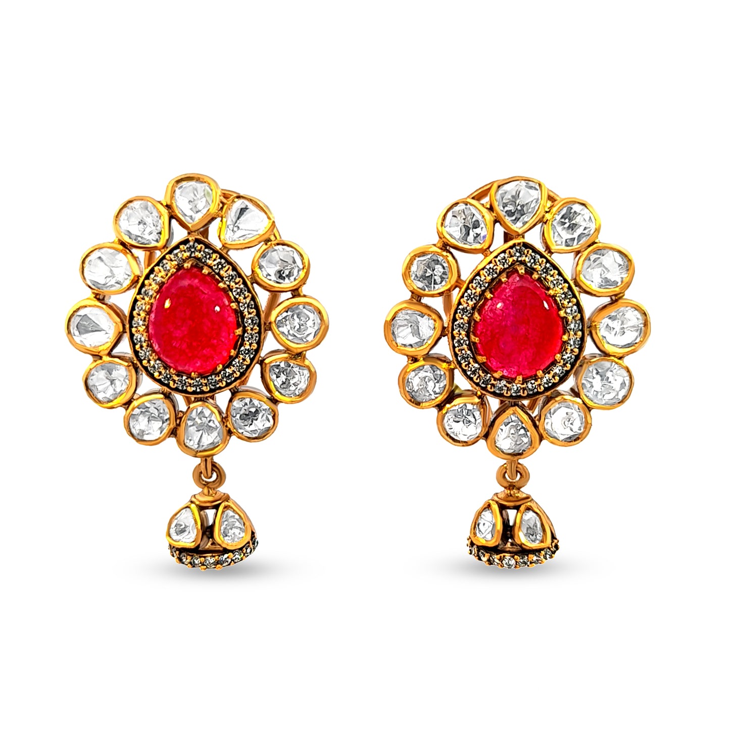 Ritika's Pear-Shaped 925 Silver Kundan Earrings with Red Stone