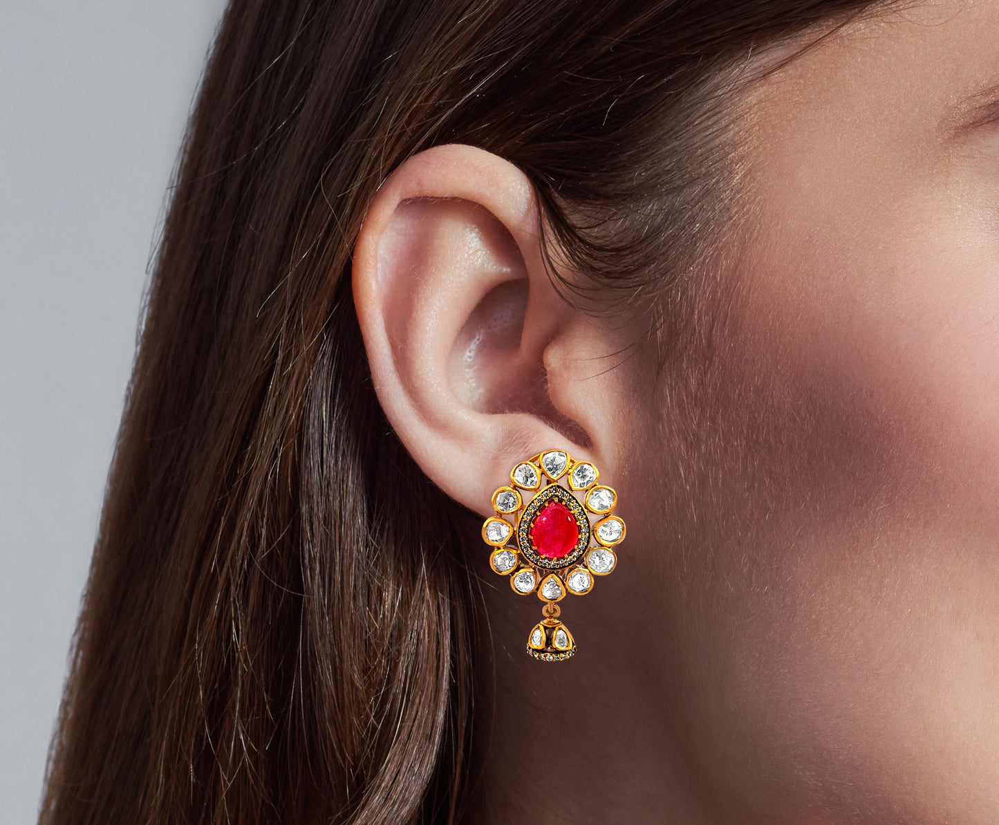 Pear-Shaped 925 Silver Kundan Earrings with Red Stone