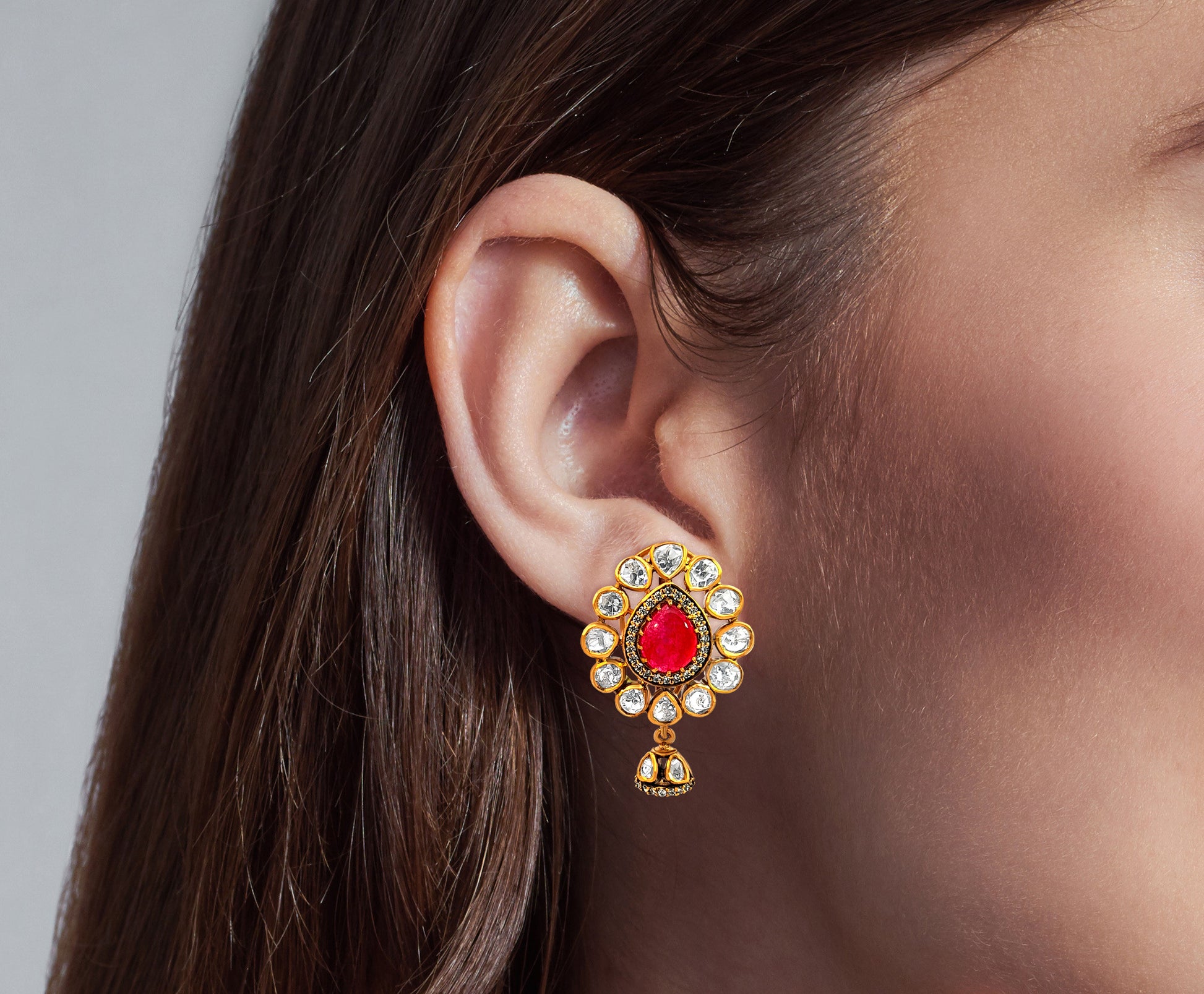 Pear-Shaped 925 Silver Kundan Earrings with Red Stone