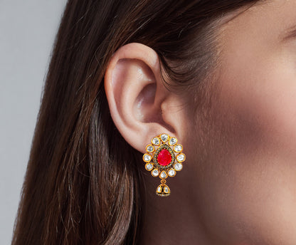 Pear-Shaped 925 Silver Kundan Earrings with Red Stone