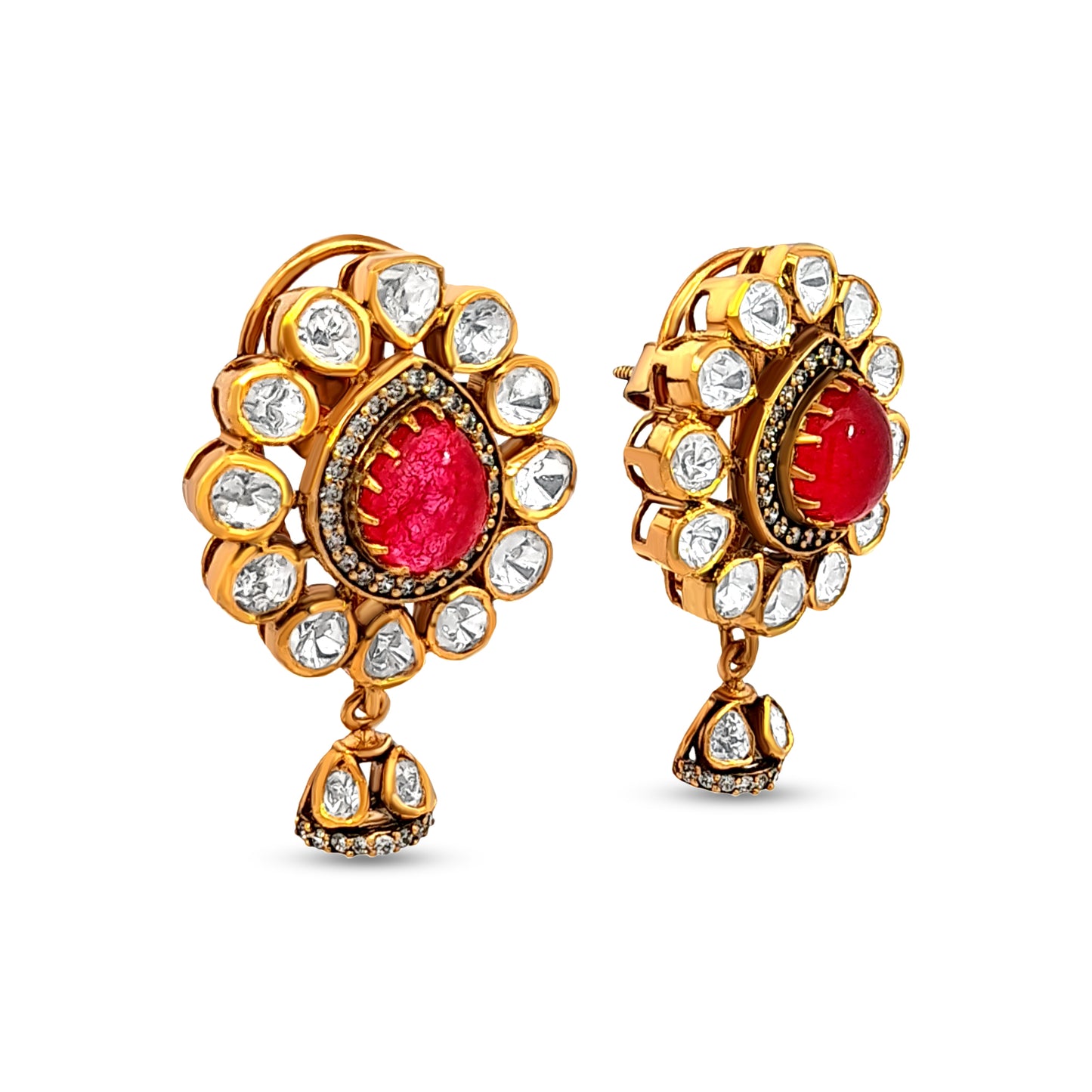Ritika's Pear-Shaped 925 Silver Kundan Earrings with Red Stone