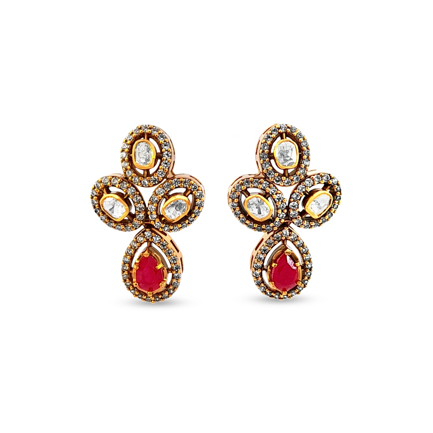 Jiyara's Graceful 925 Silver Kundan Earrings with Red Stone Drop